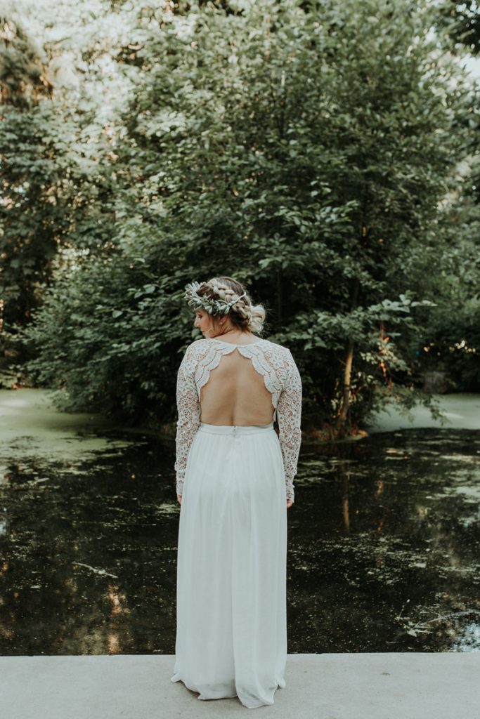 Open-back dress with crocheted features for a relaxed summer elopement in Portland, OR.