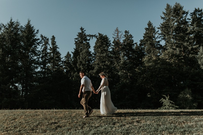 Sunny elopement in Portland, OR, with bride in an open-back dress. 
