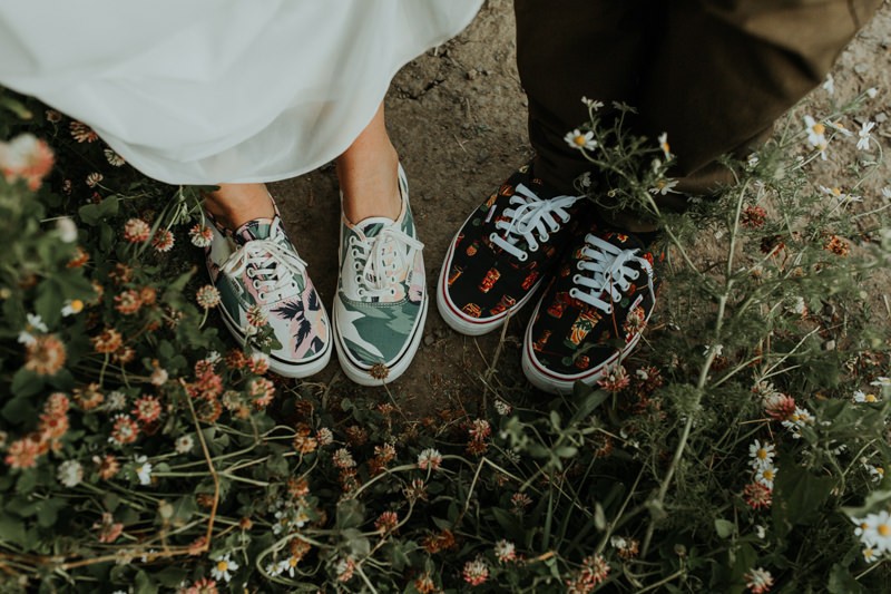 Coordinated tropical-themed wedding Van shoes for Portland, OR elopement.