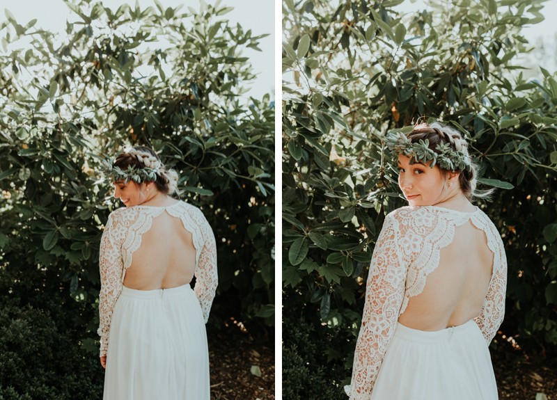 Boho bride in an open-back crocheted dress and succulent flower crown.