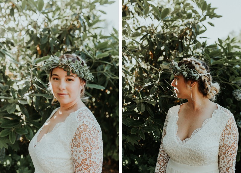 Romantic boho bride in a crocheted dress and succulent crown, with braided hair.