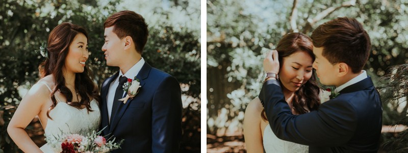 Pacific Northwest garden wedding, with bride in a spaghetti strap dress and groom in a dark blue suit. 