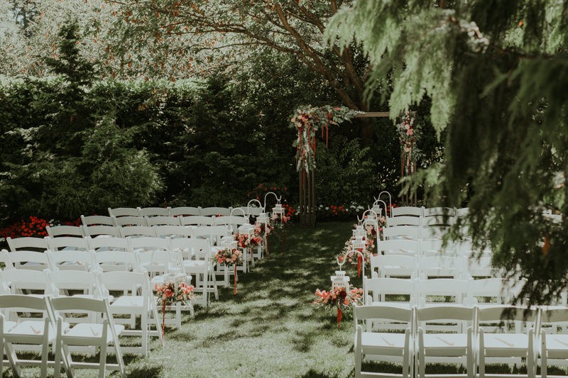 Pretty summer garden wedding, with soft pink florals, at Robinswood House in Seattle. 