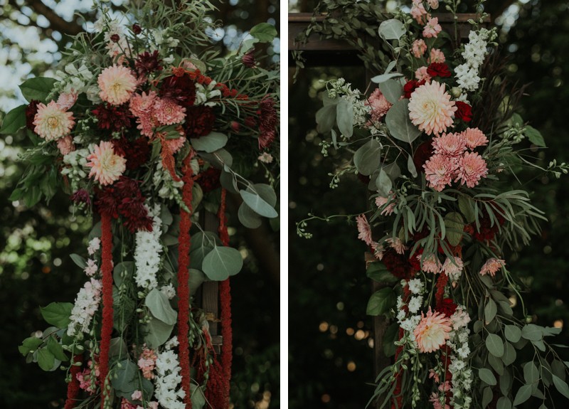 PNW garden wedding floral details, with soft pink Roses and Dahlias, and deep burgundy Mums and Amaranthus. 