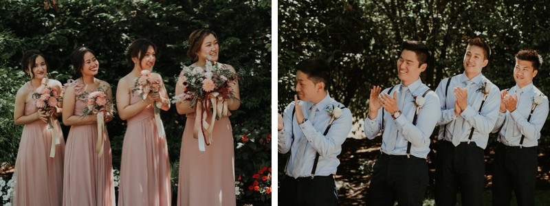 Modern wedding party with bridesmaids in soft pink gowns and groomsmen in light blue shirts and suspenders. 