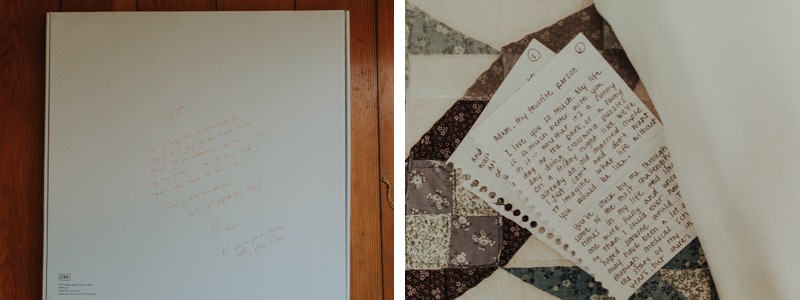Sweet handwritten note on gift from groom, and bride's vows. 