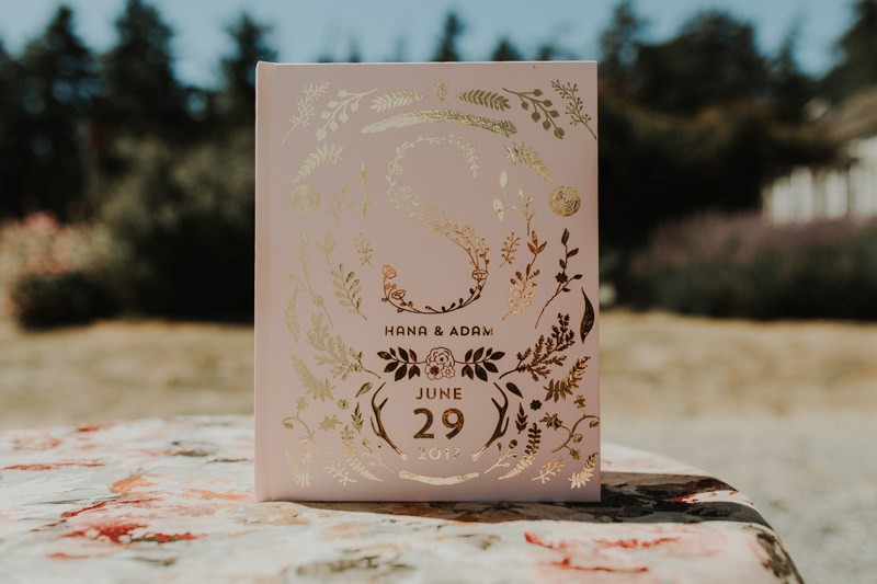 Modern gold foil guestbook for a destination Whidbey Island wedding. 