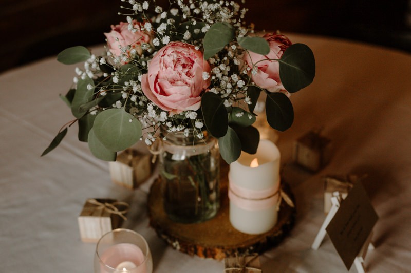 Wedding centerpiece details with Peonies at Kitsap Memorial State Park in Poulsbo, WA | Seattle wedding + elopement photographer Meghann Prouse | www.photomegs.com