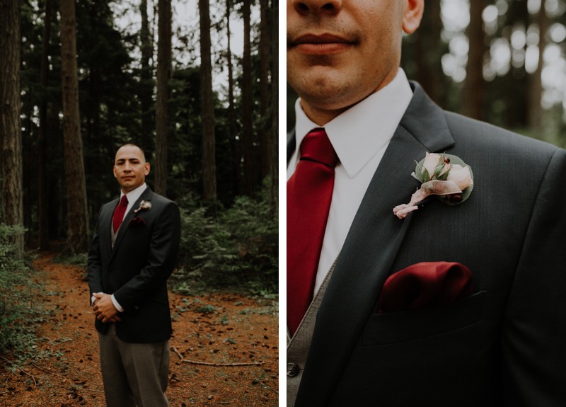 Forest wedding groom in a navy blue jacket with deep red tie | Poulsbo wedding + elopement photographer Meghann Prouse | www.photomegs.com