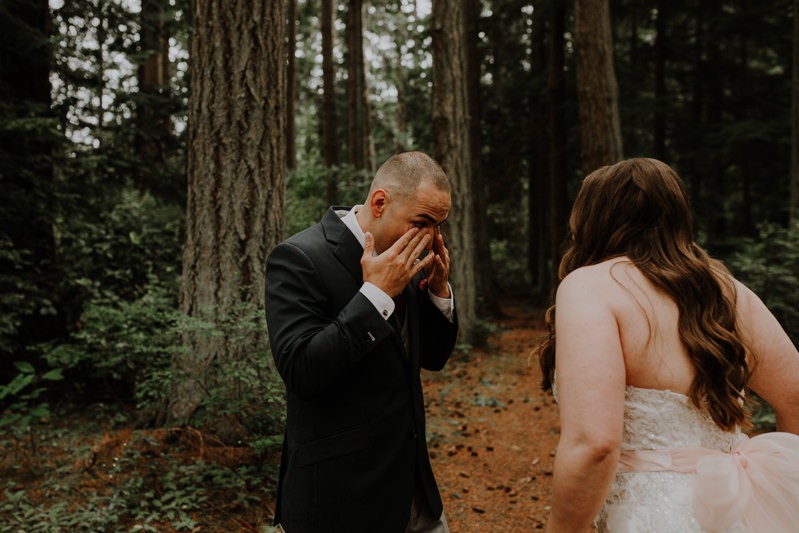 Emotional first look for a romantic forest wedding | Seattle wedding + elopement photographer Meghann Prouse | www.photomegs.com