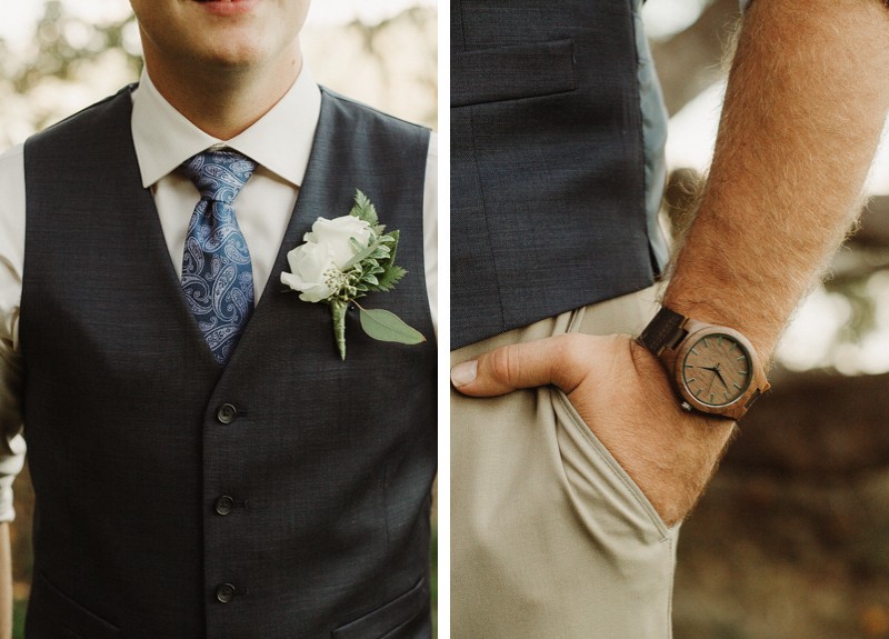 Groom with floral boutonniere and wooden watch | Washington State wedding + elopement photographer Meghann Prouse | www.photomegs.com