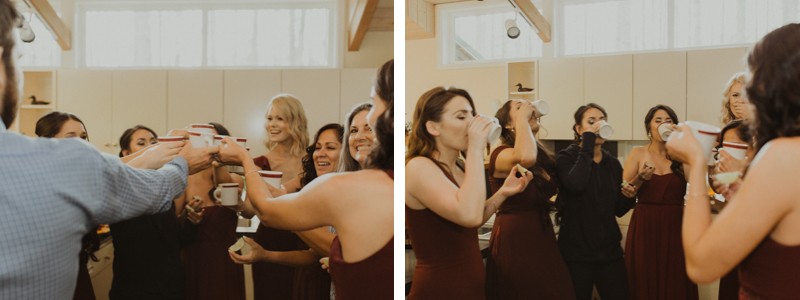 Bride and her bridesmaids do pre-wedding shots in coffee mugs | Northwest Trek wedding day | Seattle wedding photographer
