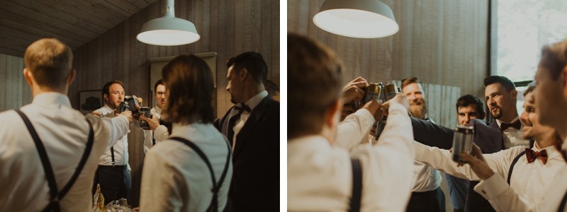 Groom and groomsmen cheersing beers | Northwest Trek wedding day | Seattle wedding photographer
