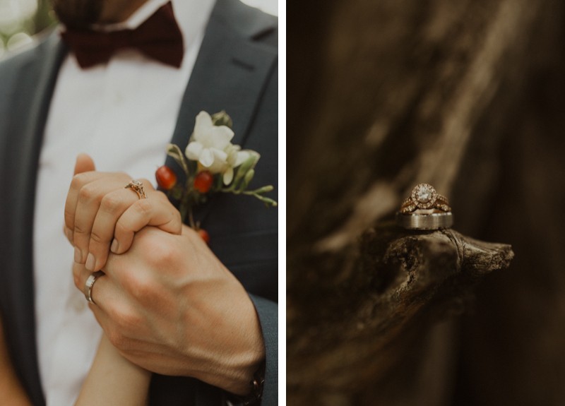 Rose gold halo wedding ring set with pave band | Northwest Trek wedding | Seattle wedding photographer
