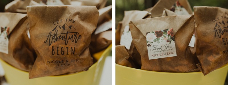 Favor treat bags with adventure-themed print | Tacoma wedding photographer