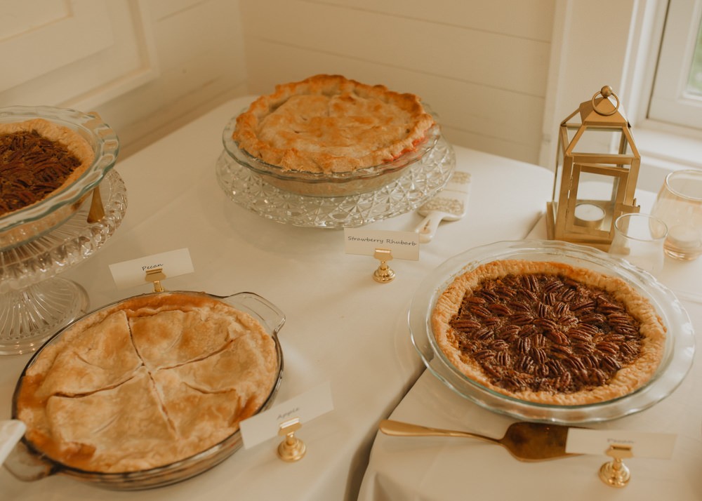 Wedding pie bar, instead of cake, with a variety of pies. 