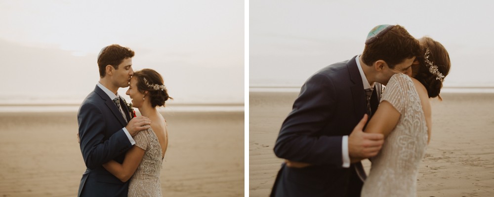 Sunset portraits with bride and groom on the beach. 