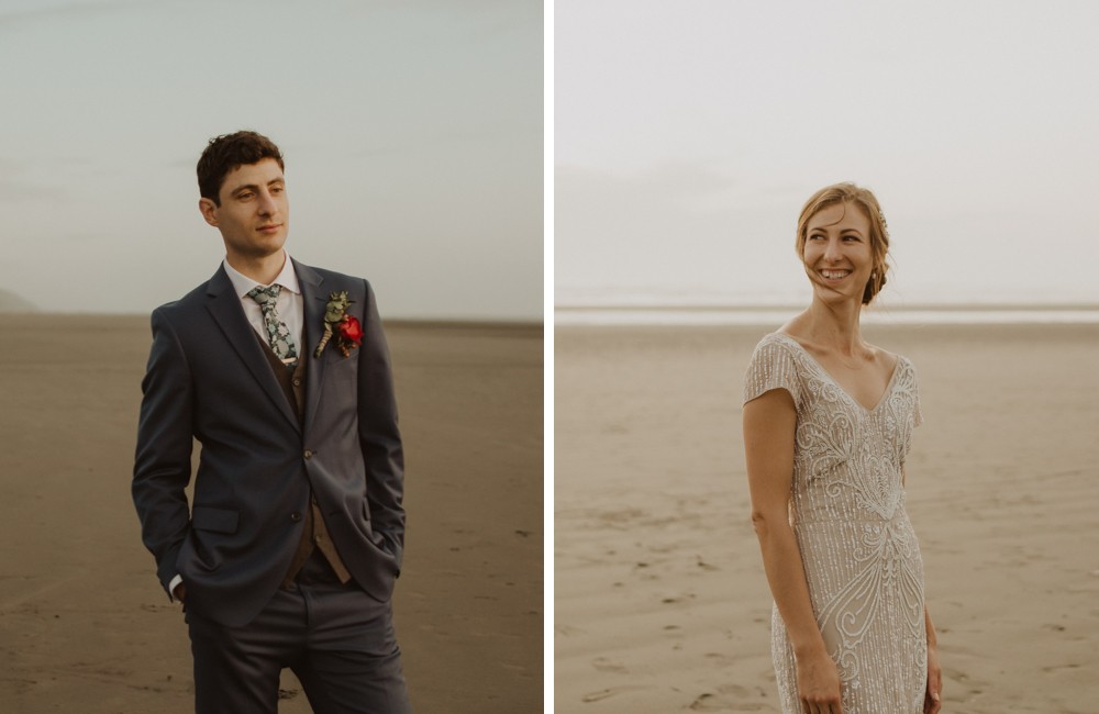 Beachy bride and groom portraits at sunset. 