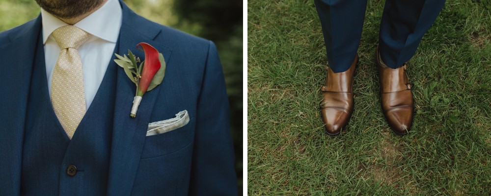 Groom with calla lily boutonniere and leather shoes. 