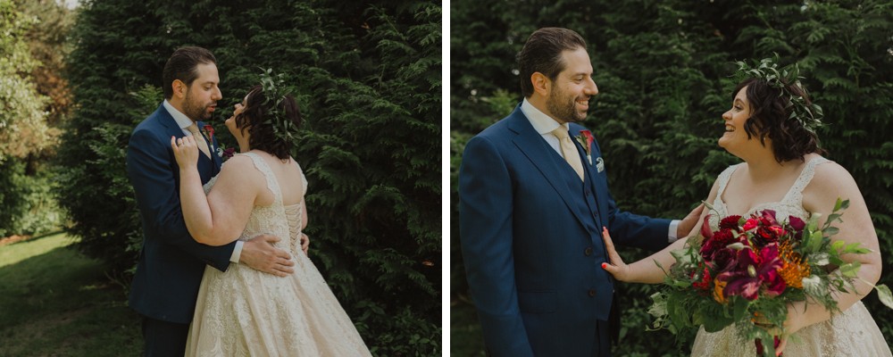 First look moment between bride and groom in Woodinville, Washington. 