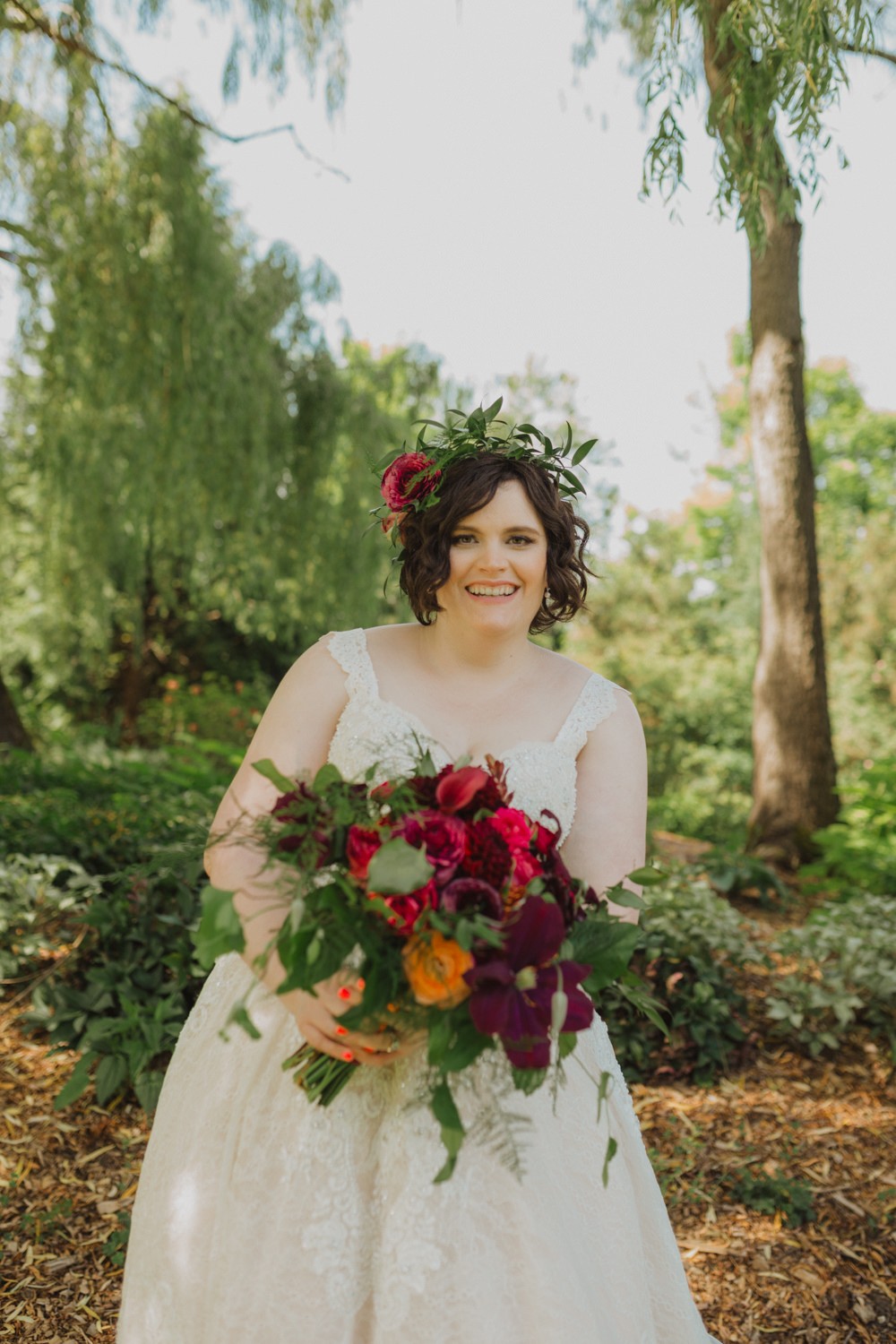 PNW bride with modern jewel tone bouquet and flower crown. 
