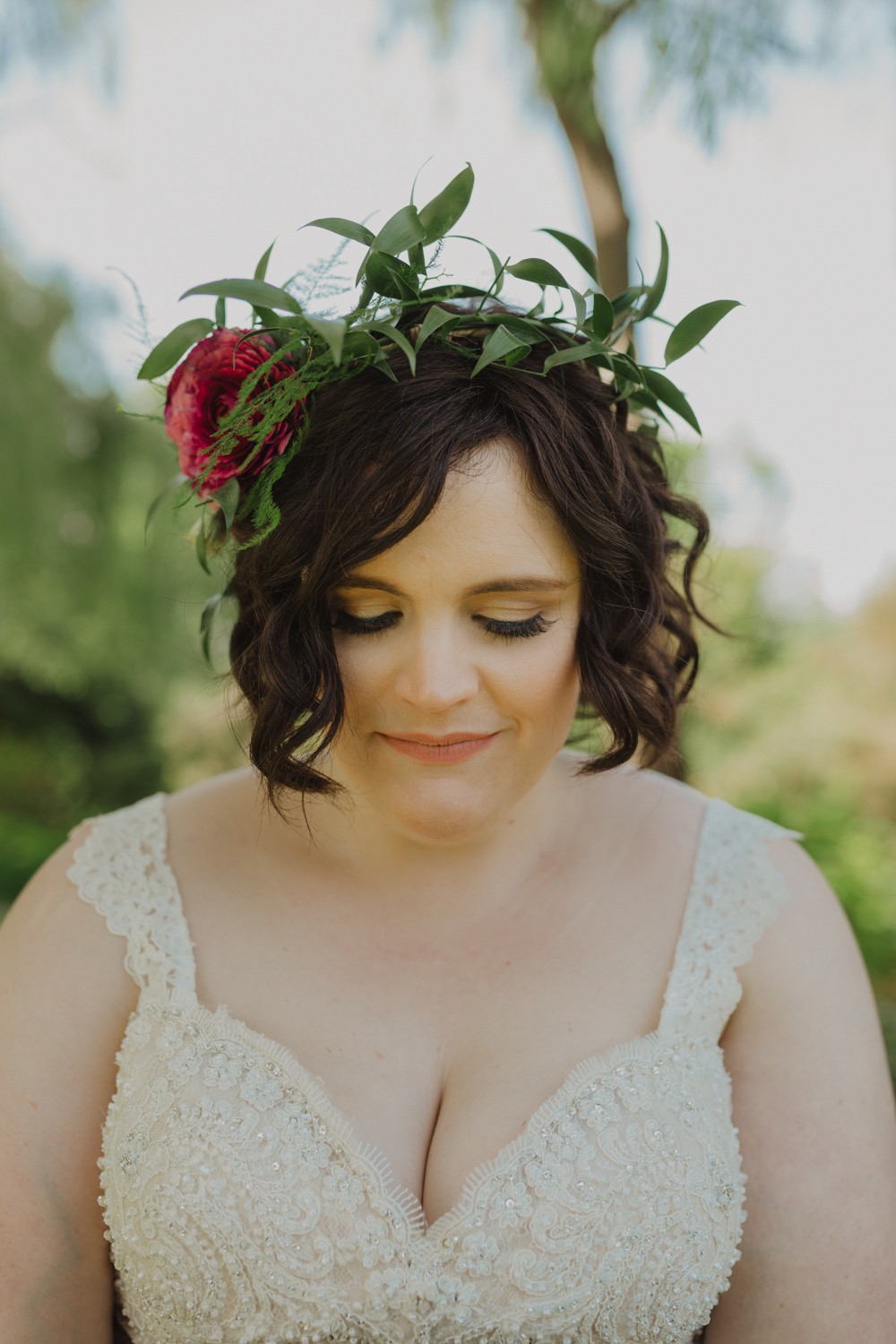 Bride with short hair and a free-spirited flower crown. 