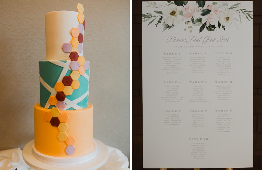 Modern geometric wedding cake and floral seating chart sign. 
