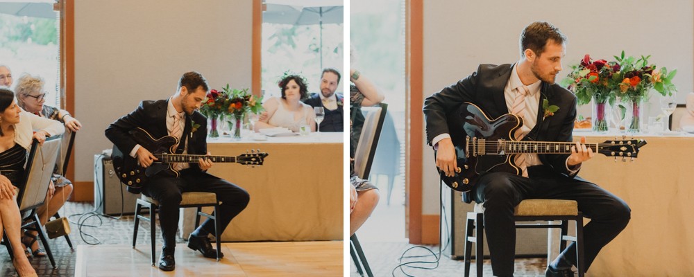 Bride's brother plays a song as his toast. 