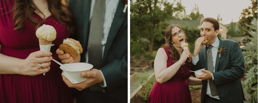 Guests enjoy ice cream cones and ice cream cookie sandwiches at a Willows Lodge summer wedding in Woodinville, WA. 