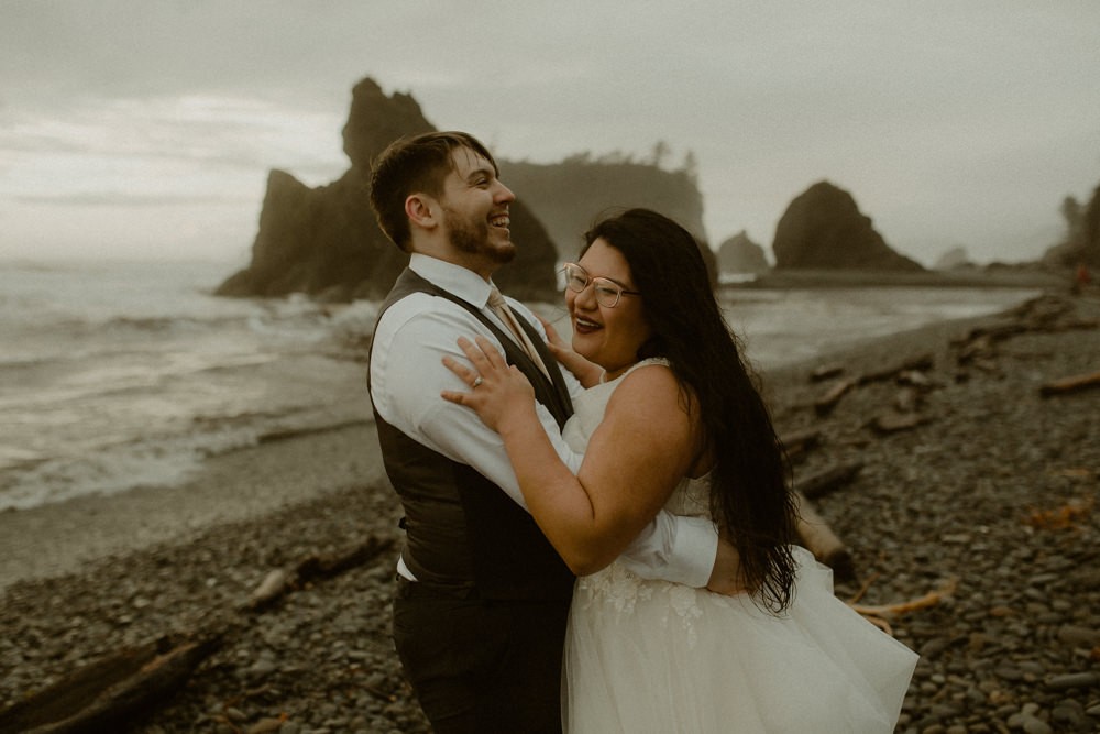 Sunset elopement wedding at Ruby Beach in Washington state. 