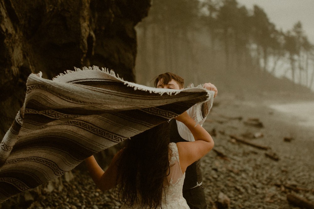 Foggy Ruby Beach elopement wedding at sunset in Washington state. 