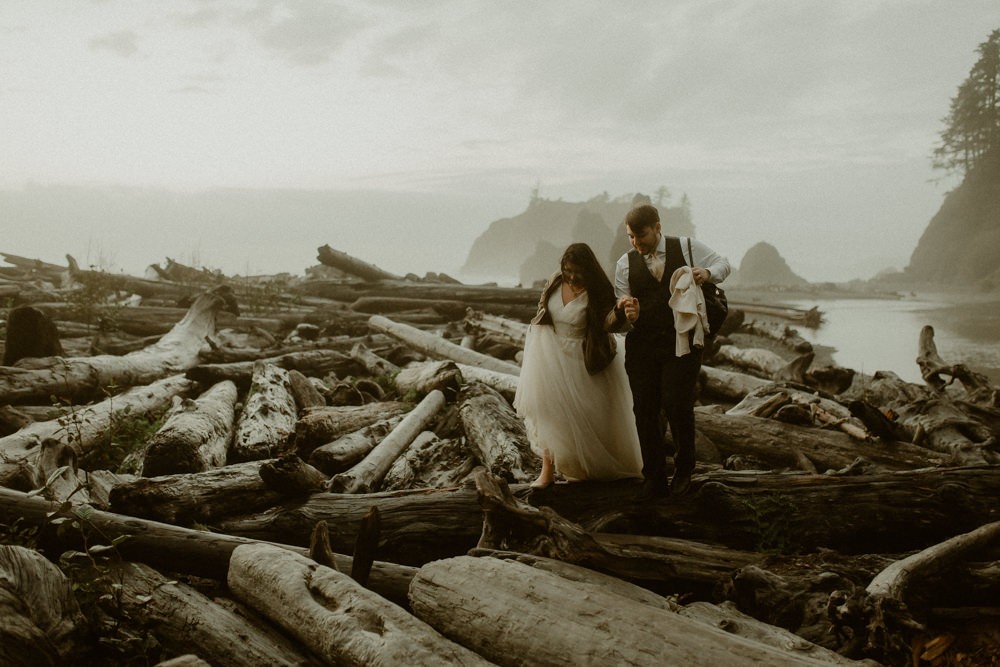 Ruby Beach driftwood elopement at sunset. 
