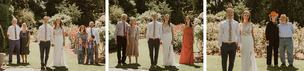 Socially-distanced family portraits for a summer morning wedding. 