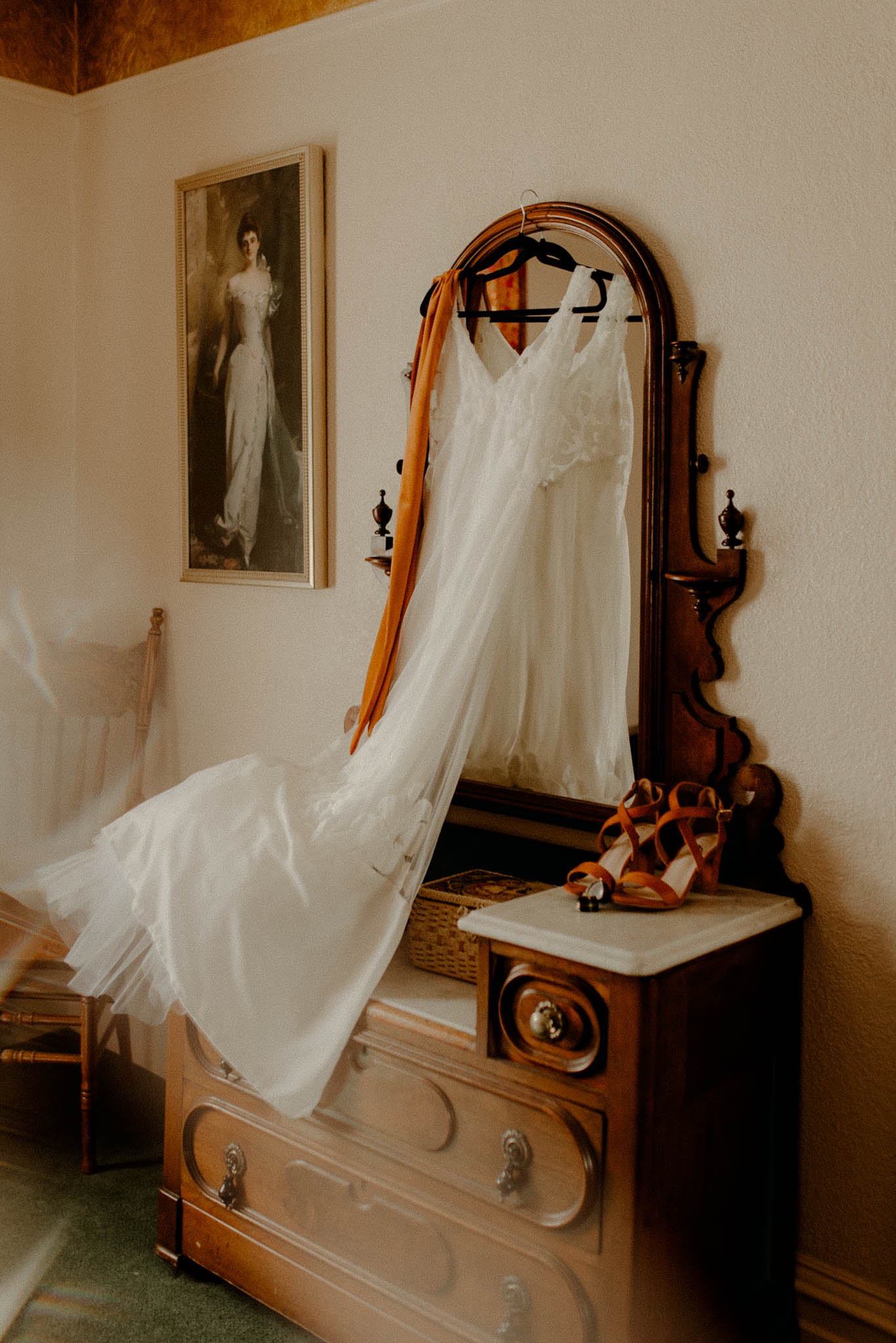 hand sewn wedding dress on vintage vanity