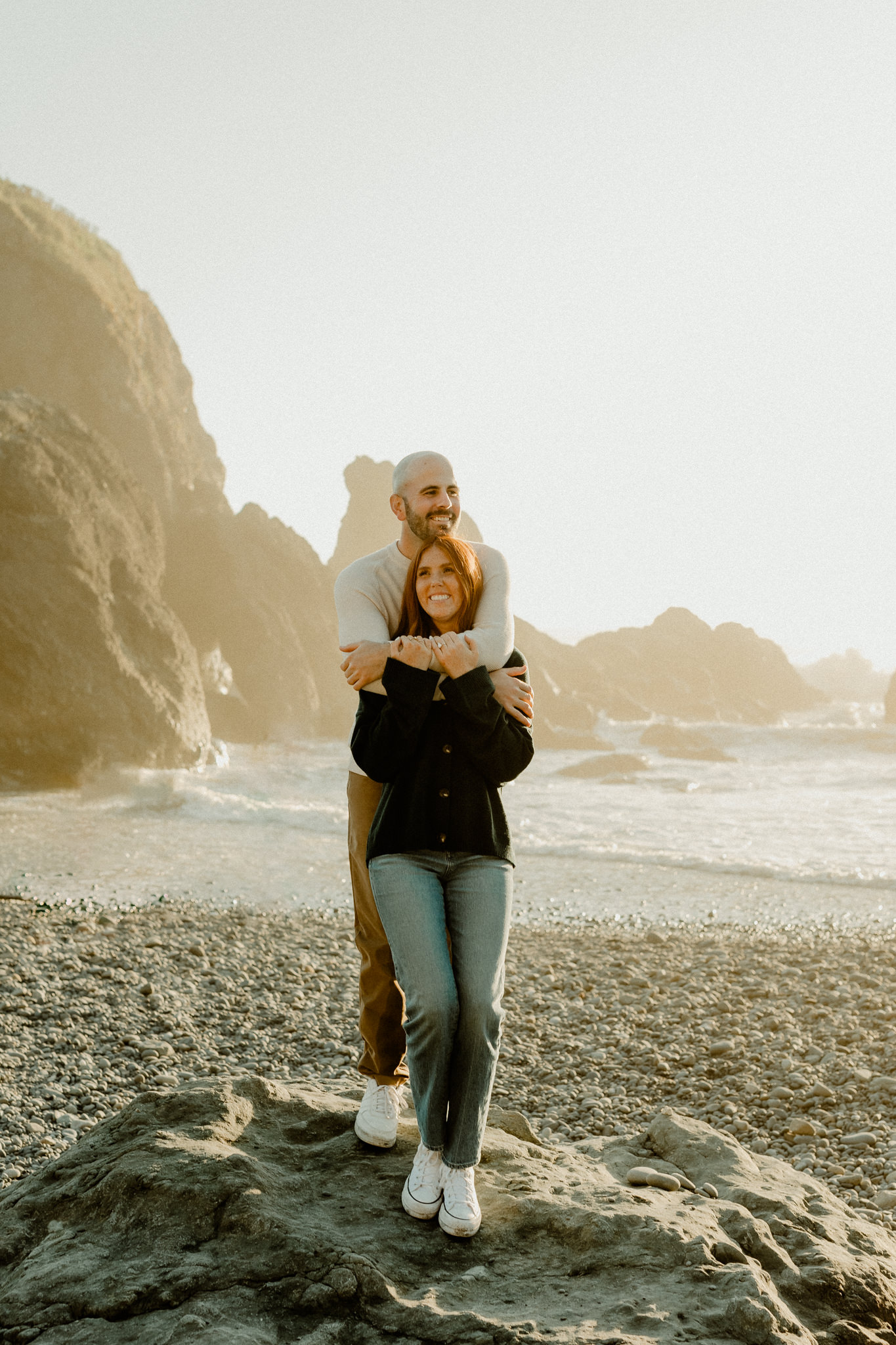 Engagement session at Ruby Beach with sea stacks and ocean waves