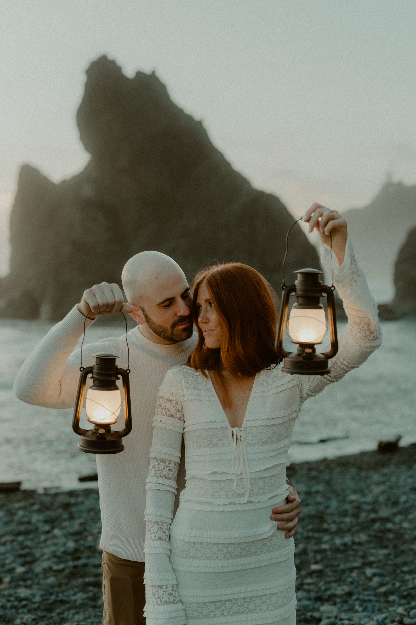 Moody Olympic National Park engagement sesion with lanterns after sunset